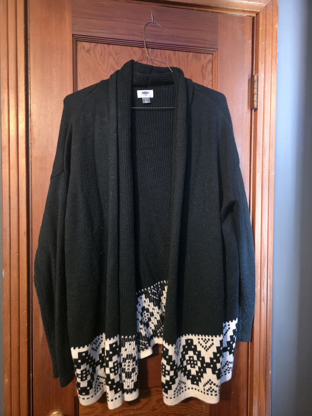 Old Navy Dark Green Open-Front Cardigan with White Fair Isle Hem